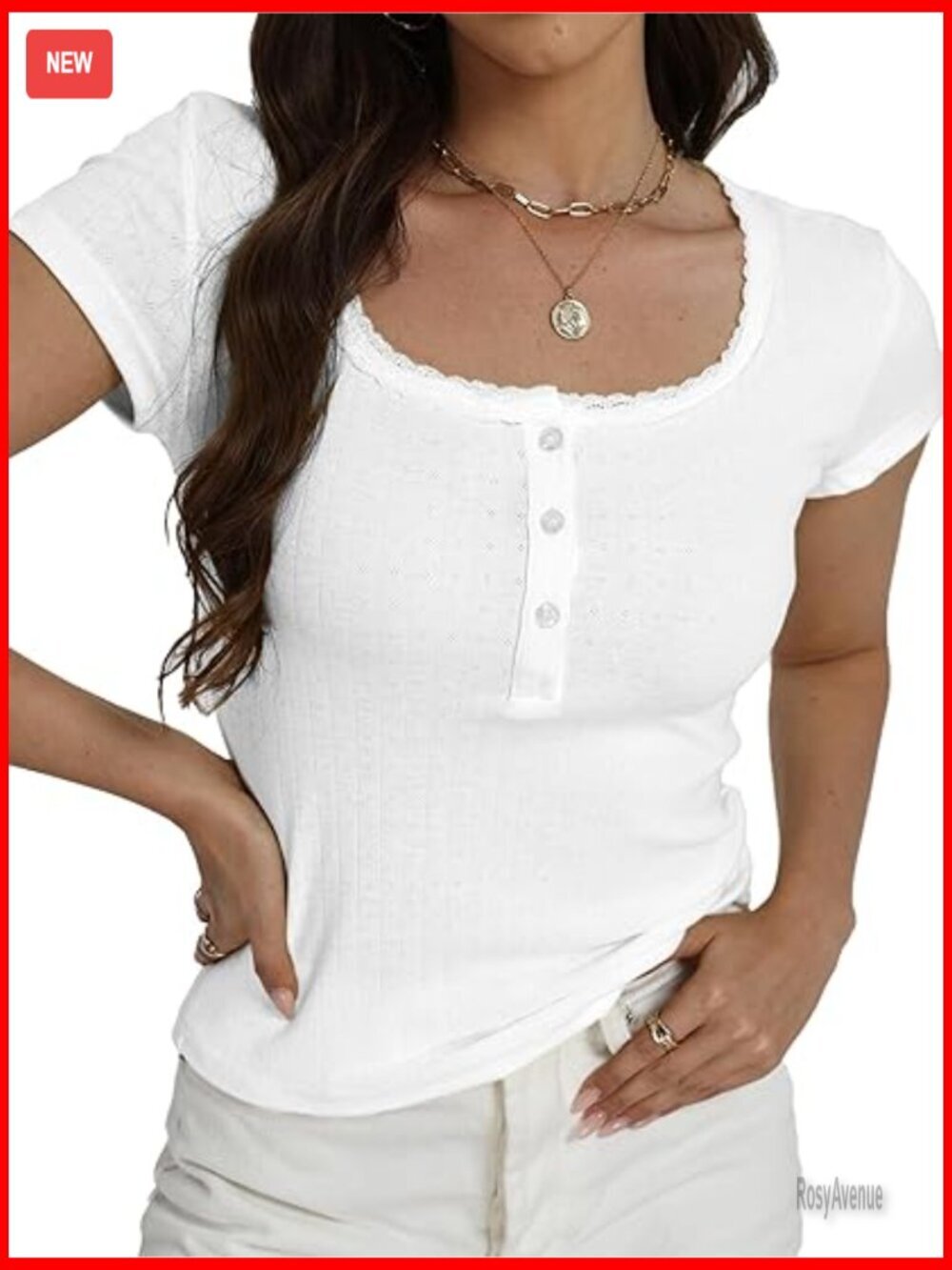 Slim Fit Crop Top Scoop Neck Short Sleeve Henley Button Up Lace Trim Tee